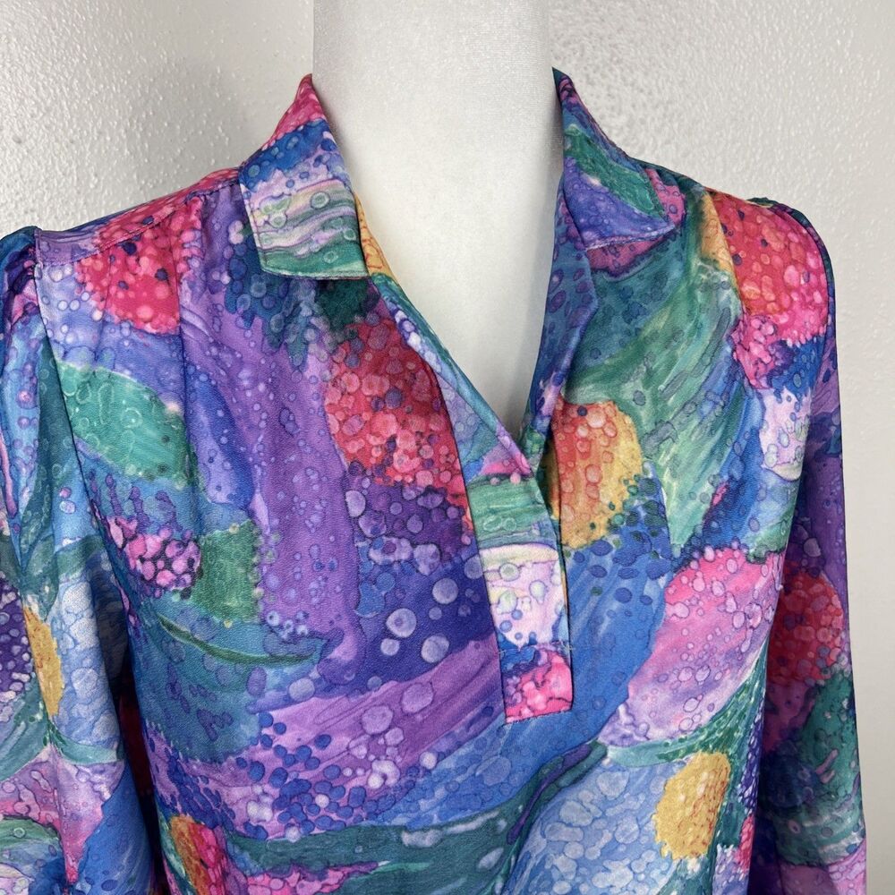 Vintage Devon 70s Blouse Women Medium Neon Purple Green 3/4 Sleeve Union Made - Picture 7 of 14